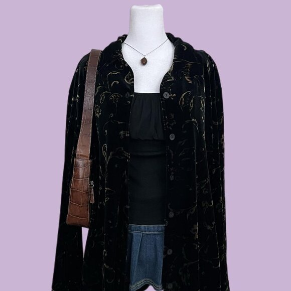 vintage 90s black velvet floral boho whimsygoth grunge button up - Picture 1 of 8